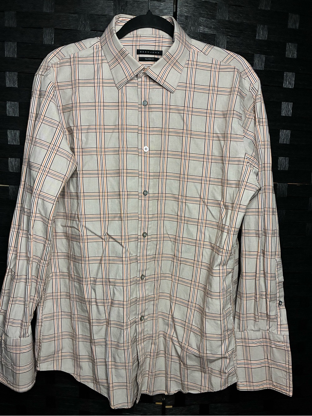 Sean John Men's Cream Plaid Long-Sleeve Dress Shirt with Brown & Orange Lines